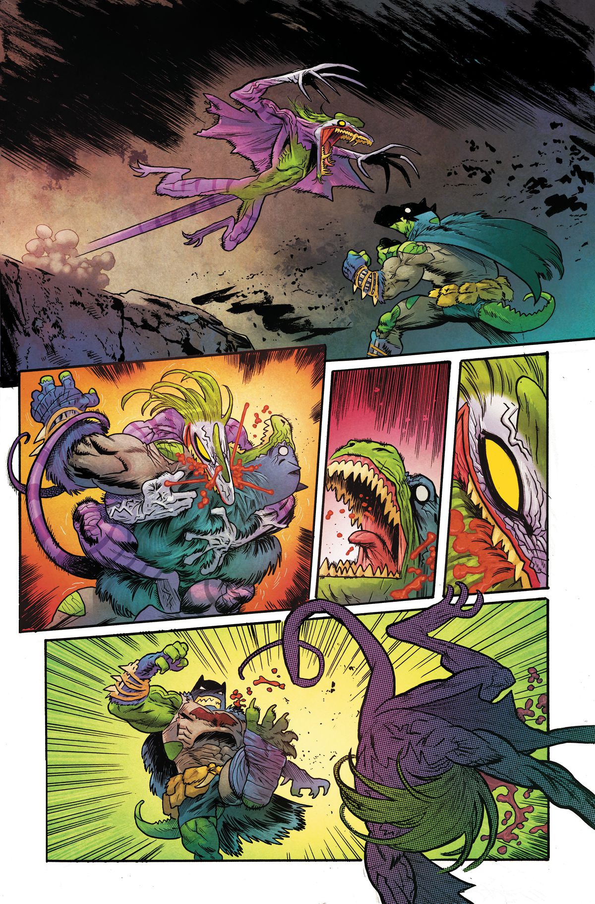 Dilophosaurus Joker leaps at allosaurus Batman and they fight in Jurassic League #1 (2022). 