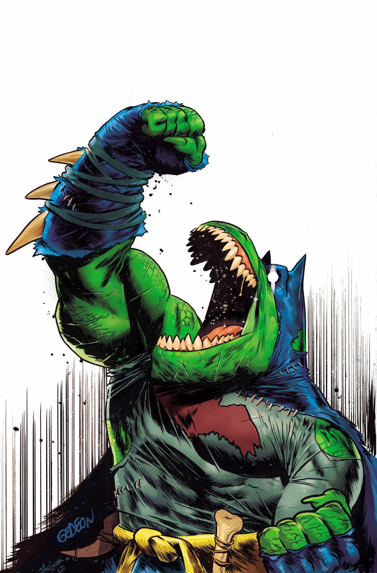 Allosaurus Batman shakes his fist at the sky on a variant cover for Jurassic League #1 (2022).