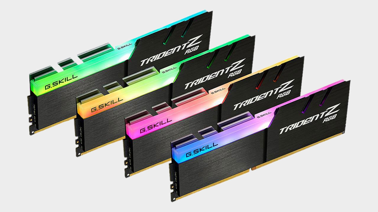G.Skill 32GB TridentZ DDR4-3200 RGB Ram on a gray background.