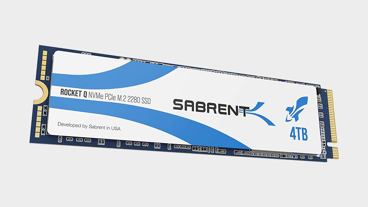 Stick of Sabrent Rocket Q 4TB SSD in front of a gray background.