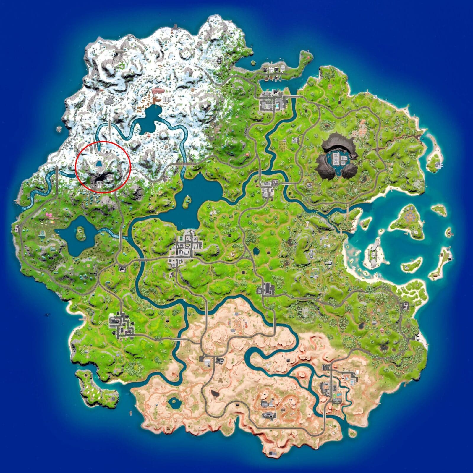 The Fortnite map showing the new POI in Chapter 3, Covert Cavern, marked with a red circle