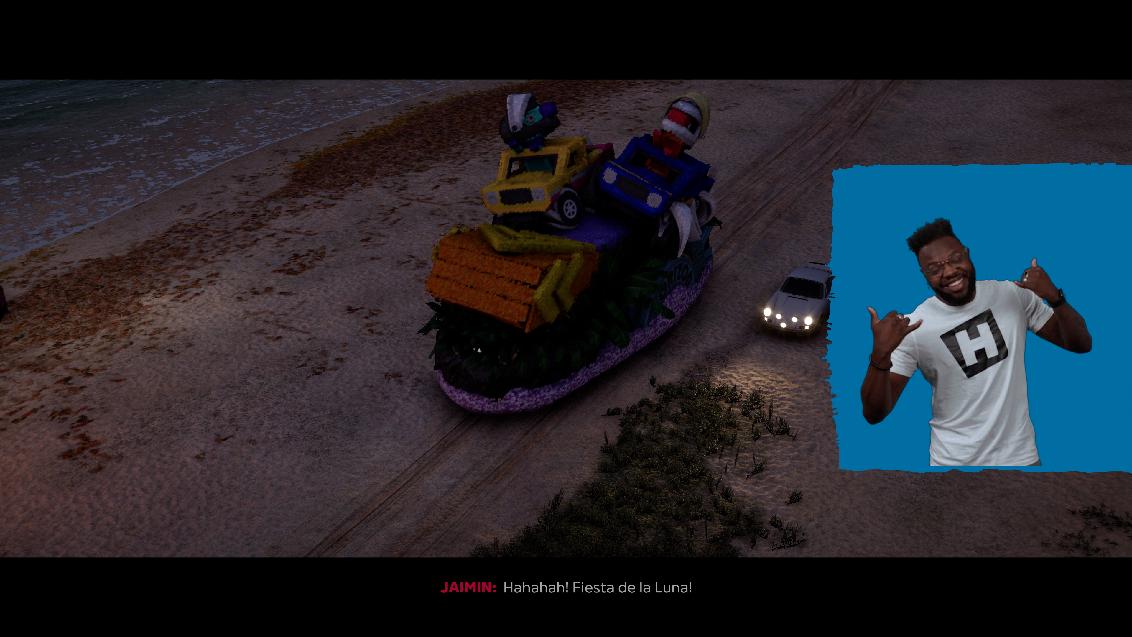A native signer is seen on a blue background over a cinematic in Forza Horizon 5.