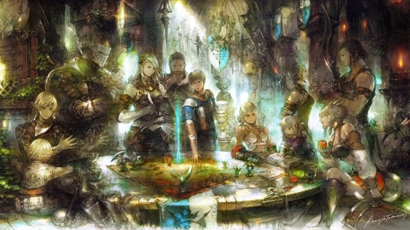 Promotional art from Final Fantasy XIV showing adventurers gathered around a planning table