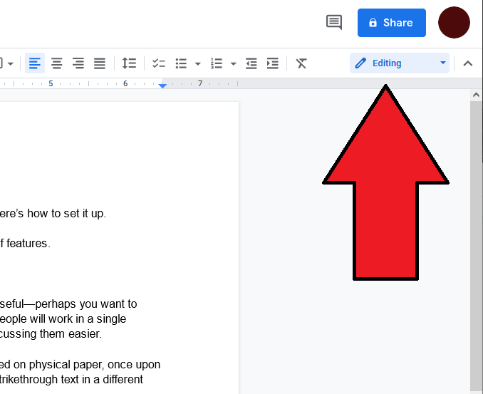 Google Docs drop-down menu for Editing, Suggesting, and Viewing modes