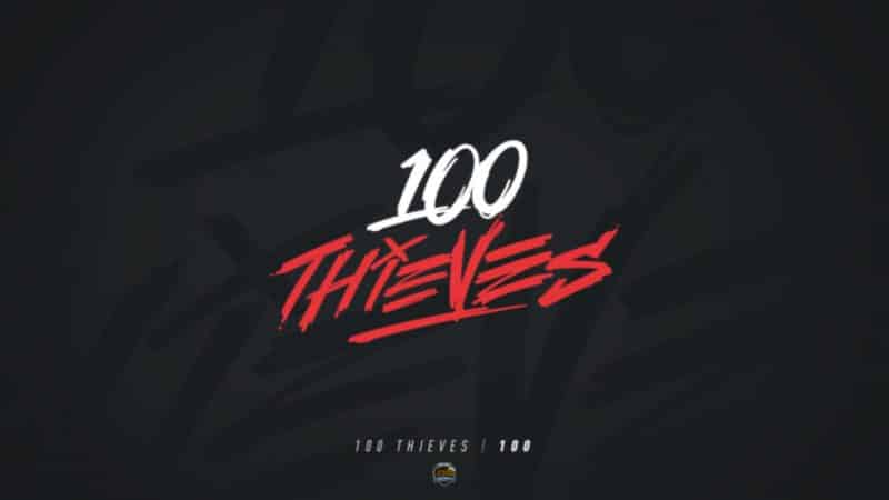 A white "100" is above the red word "Thieves" as the 100 Thieves logo with the LCS logo below all on a dark background