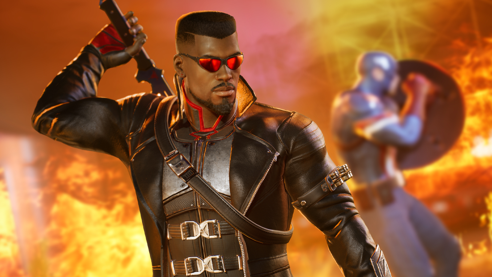 Midnight Suns - Blade wearing sunglasses and a leather jacket while pulling a sword off his back.