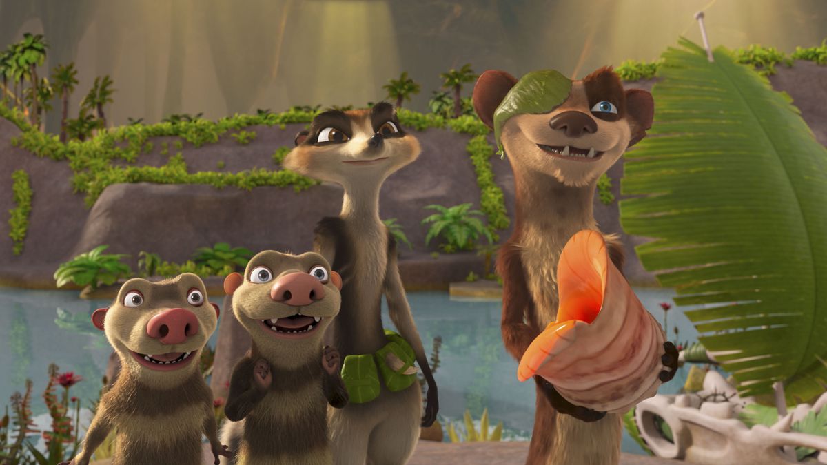 Crash (voiced by Seann William Scott), Eddie (voiced by Josh Peck), Zee (voiced by Justina Machado), and Buck (voiced by Simon Pegg) in The Ice Age Adventures of Buck Wild.