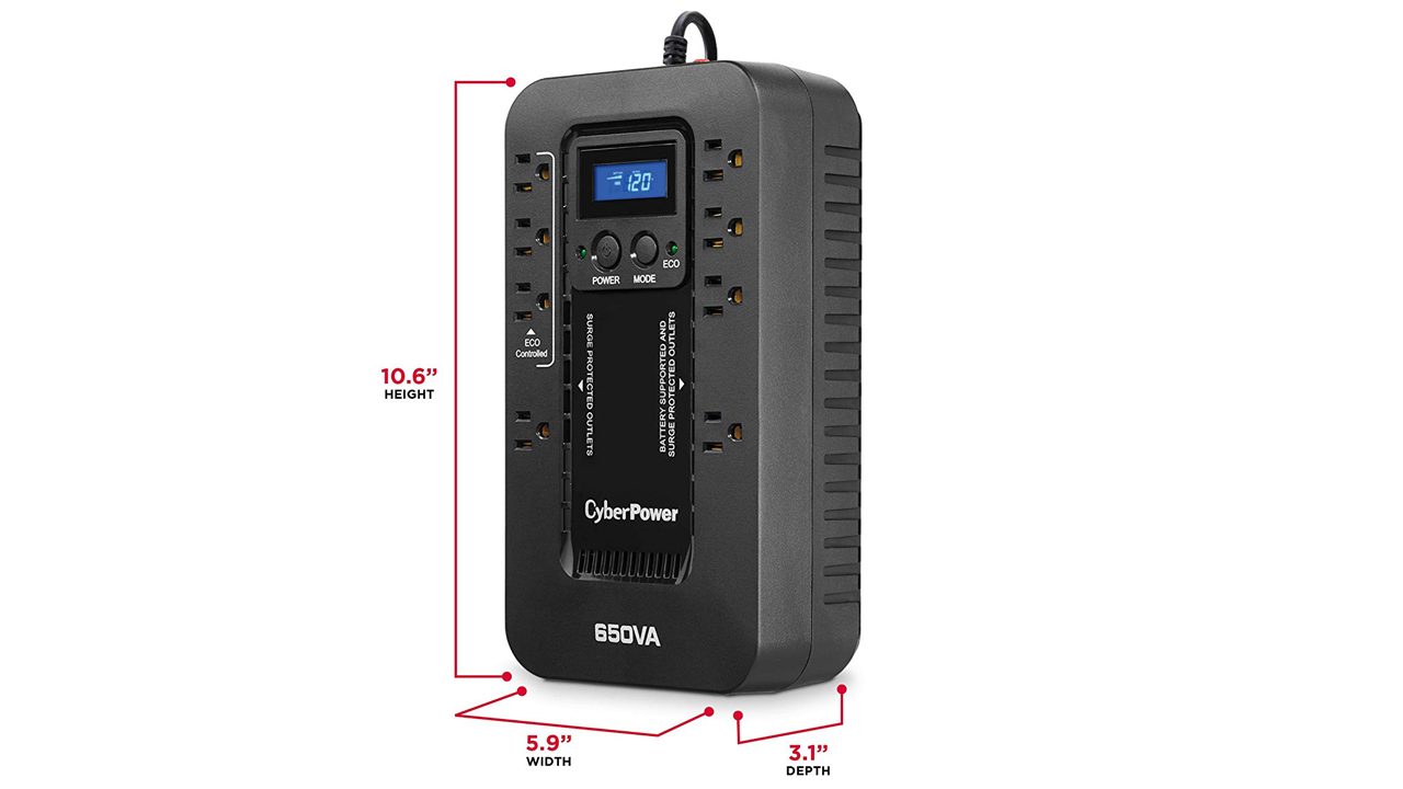 yberPower EC650LCD UPS with dimensions listed
