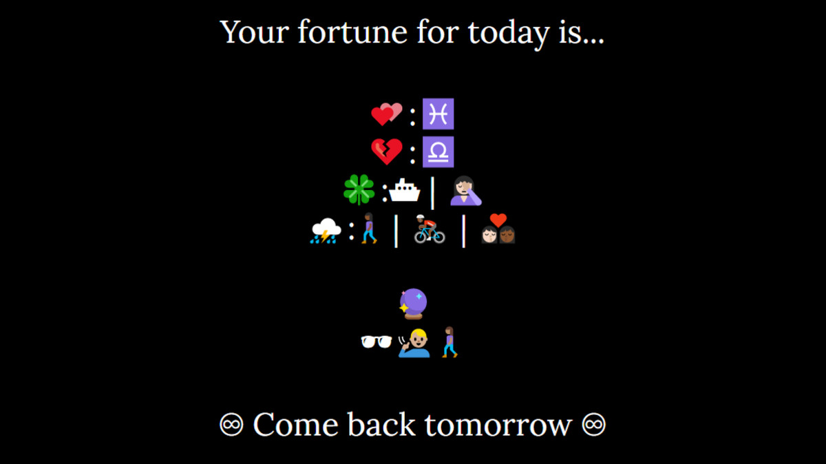 Results for Emophecy, a game by Johnny Willcox-Benney shows a black background with a field of emojis.