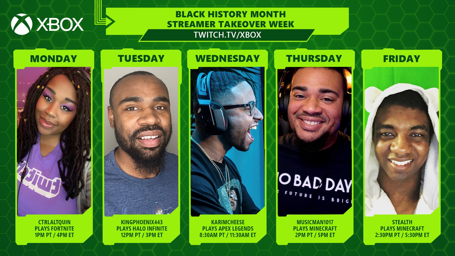 A green hexagonal pattern in the background with five content creators being highlighted. embedded text reads: "Black History Month: Streamer Takeover Week. Twitch.tv/xbox
