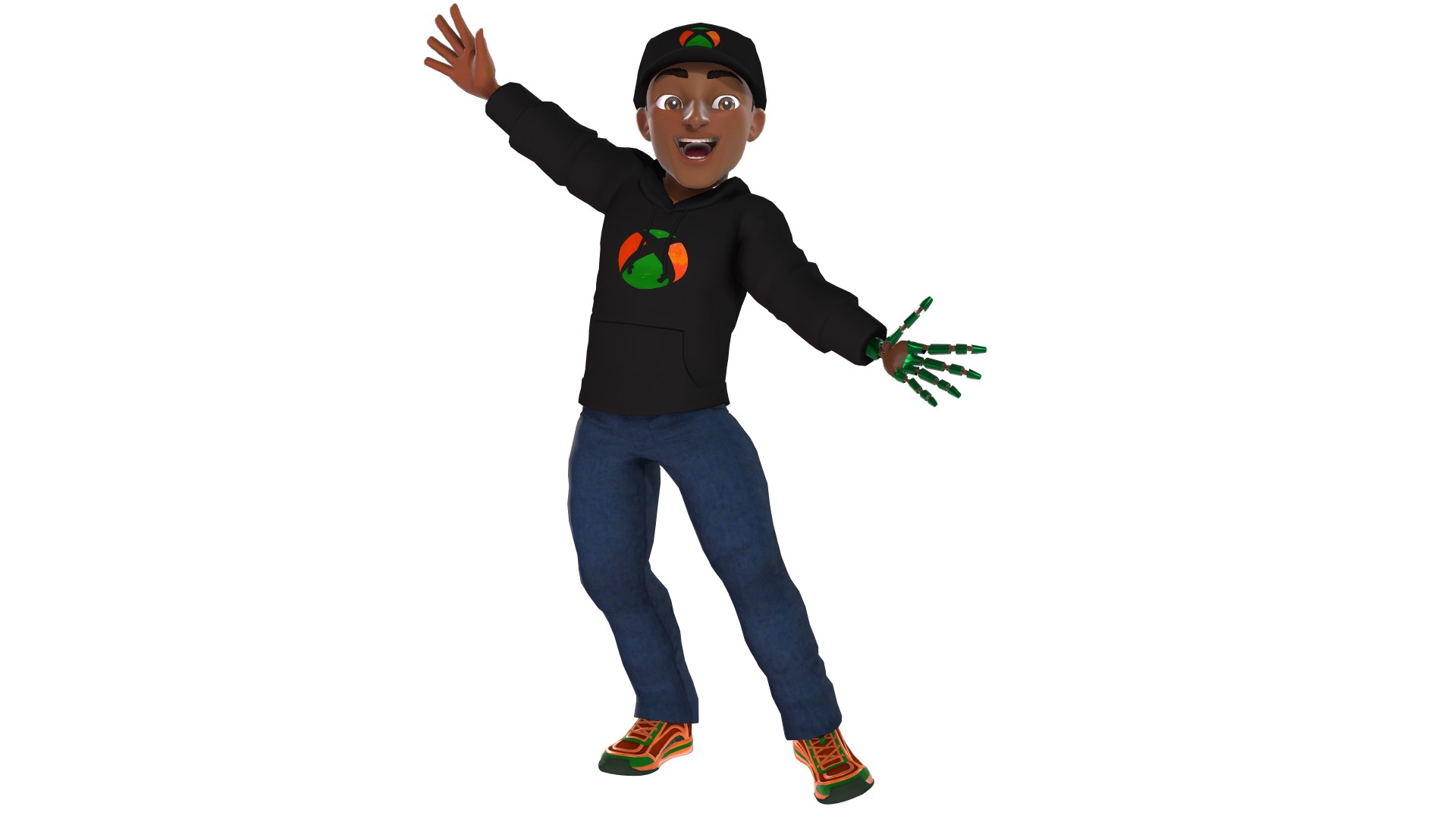 Xbox avator character wearing Black History Month sweater with arms stretched out wide.