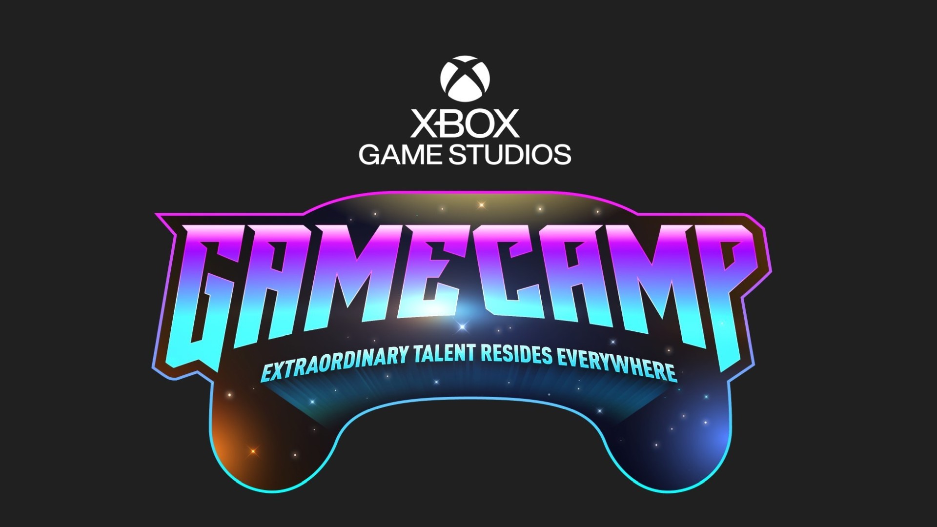 Xbox Game Studios (XGS) Game Camp logo: a controller with a galaxy pattern with the words in pink/blue gradient "Game Camp: Extraordinary Talent Resides Everywhere." Above the Game Camp controller is the XGS logo with Xbox Sphere in white.