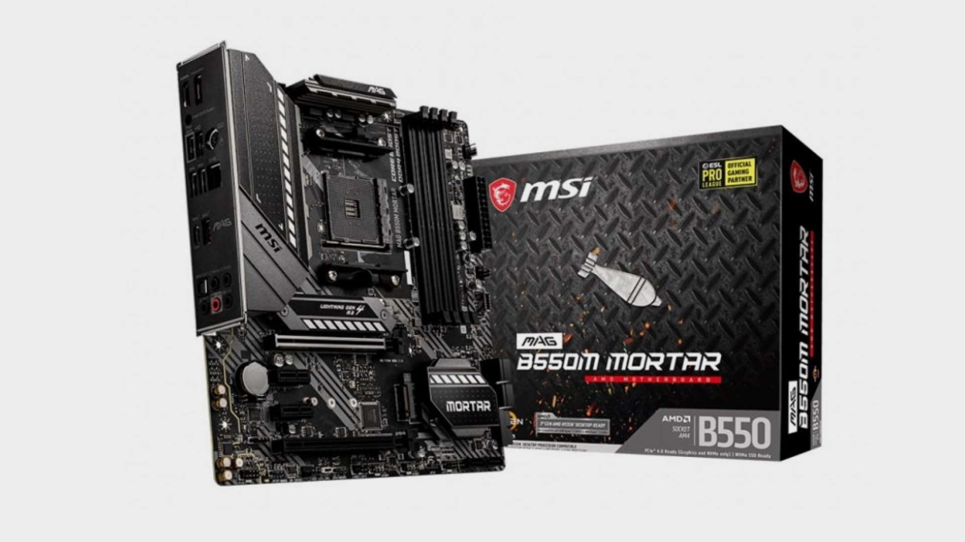 MSI MAG B550M Mortar motherboard with packaging on grey