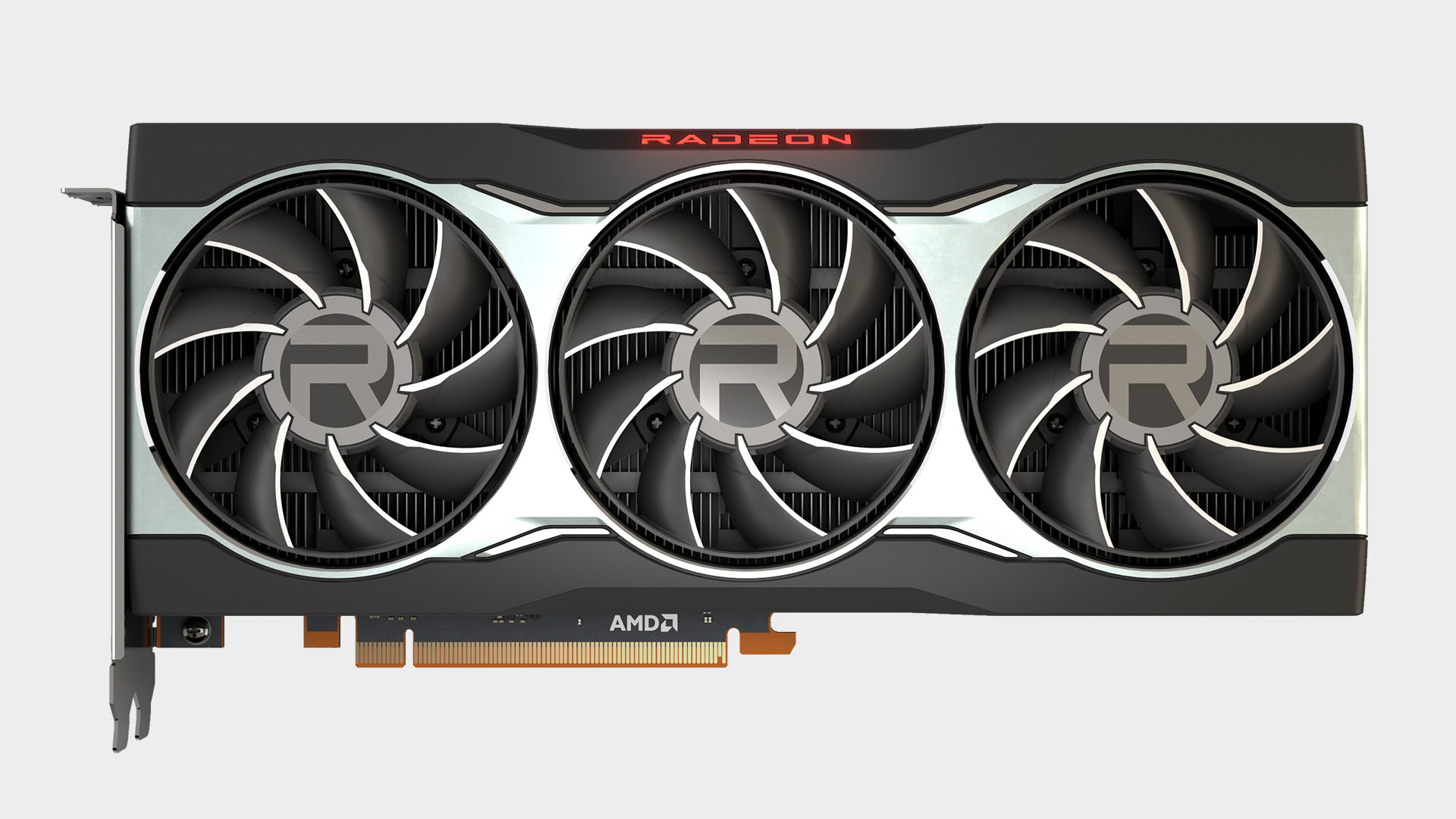 AMD Radeon RX 6800 graphics card shot from above, fan view, on a blank background