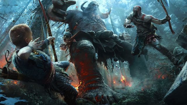 Kratos attacks a giant in artwork from God of War
