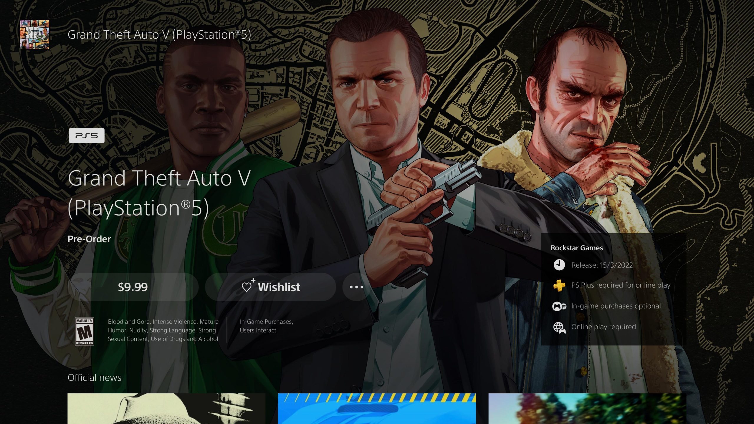 Grand Theft Auto 5 - PS5 listing