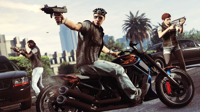 A trio of players aim guns in a still from Grand Theft Auto Online