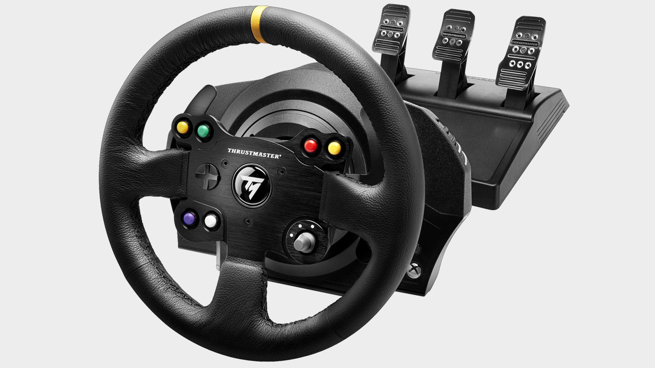 Thrustmaster TX Racing Wheel with pedals on a grey background