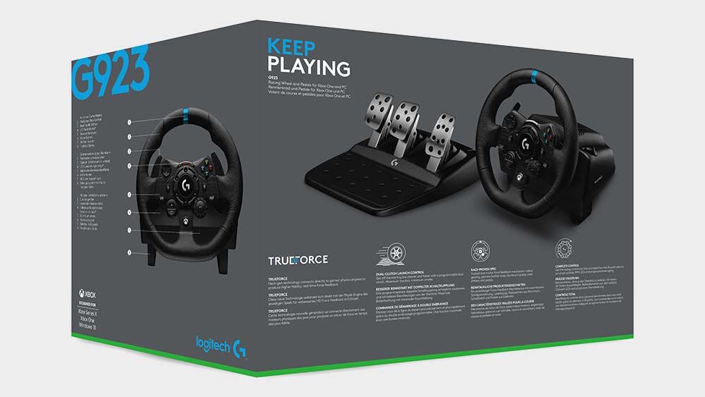 The Logitech G923 retail box pictured side on