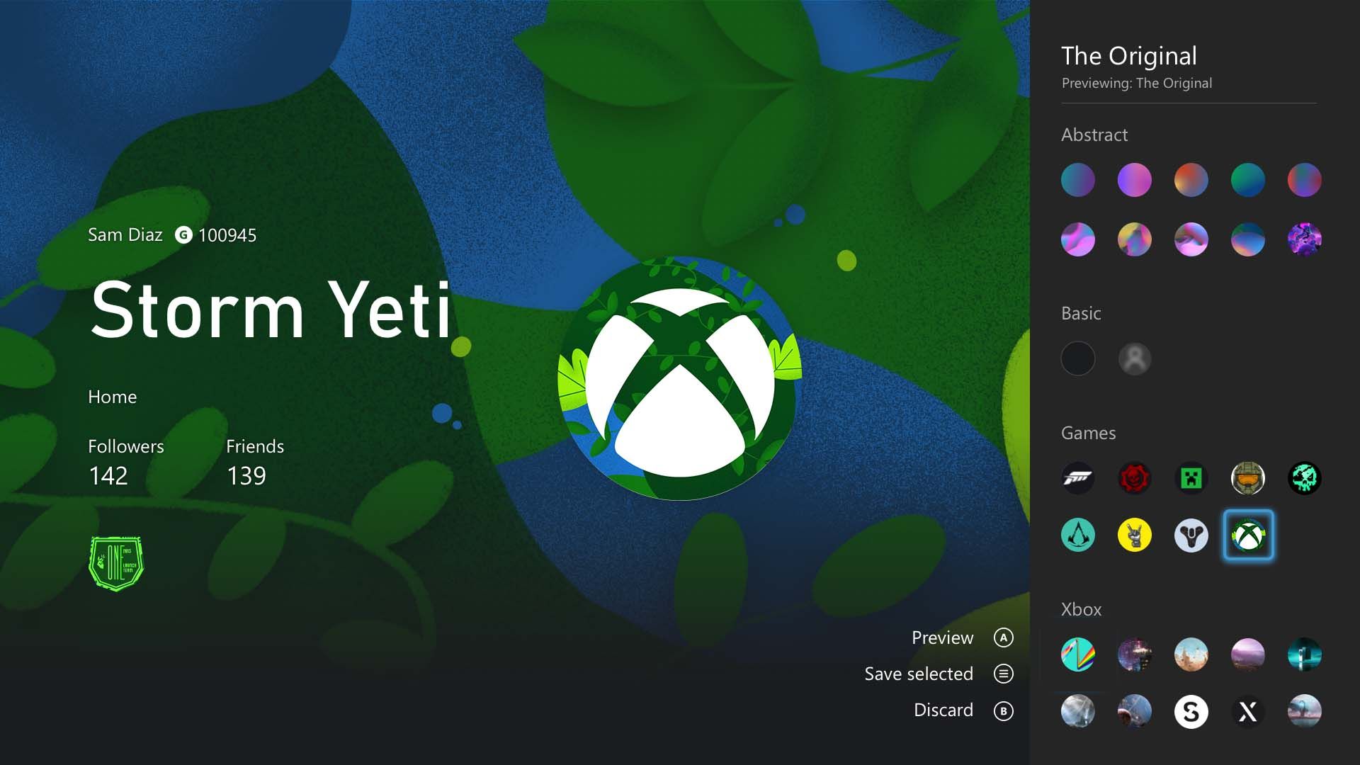A screenshot of an Xbox profile using the Earth Day GamerPic and profile theme.