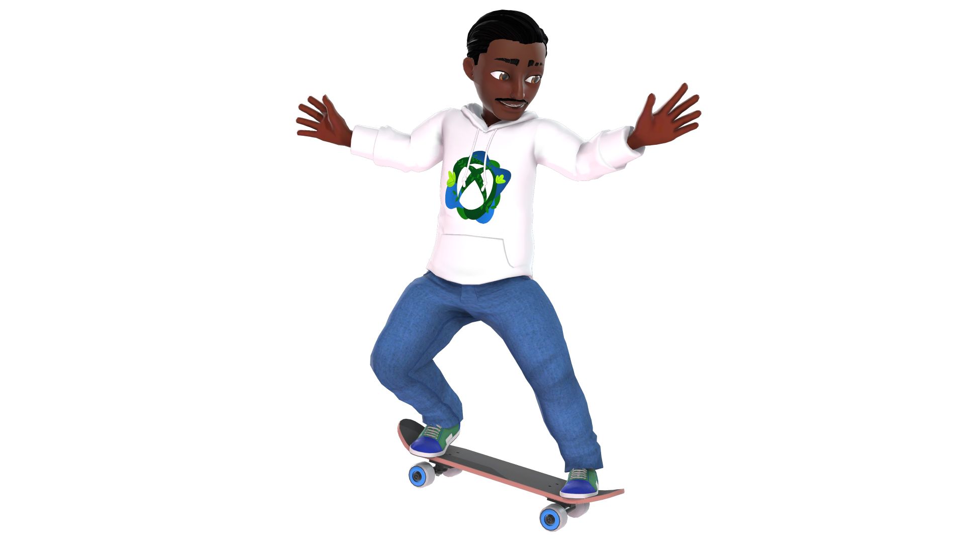 An Xbox avatar wearing a white hooded sweatshirt with the Xbox sustainability logo on the front and jeans while riding a skateboard.