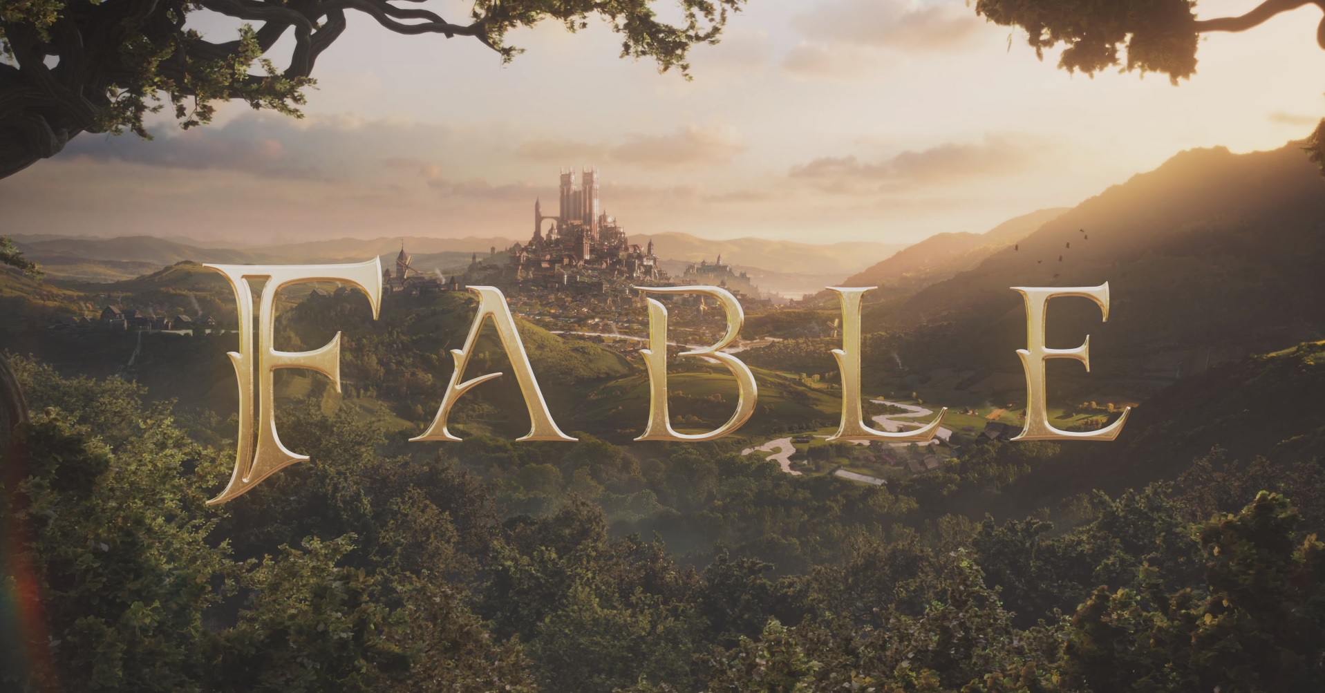 Fable 4 title - the title floats over a fantasy kingdom in the distance