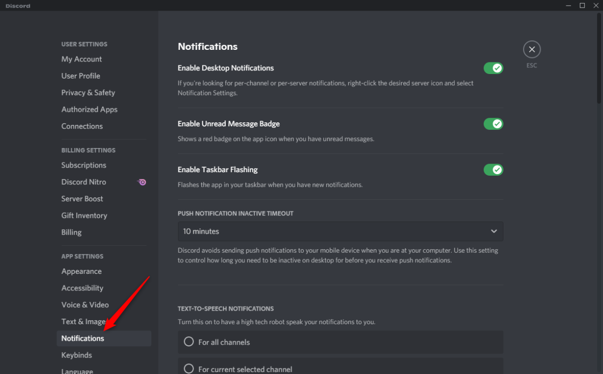 Notification settings in Discord