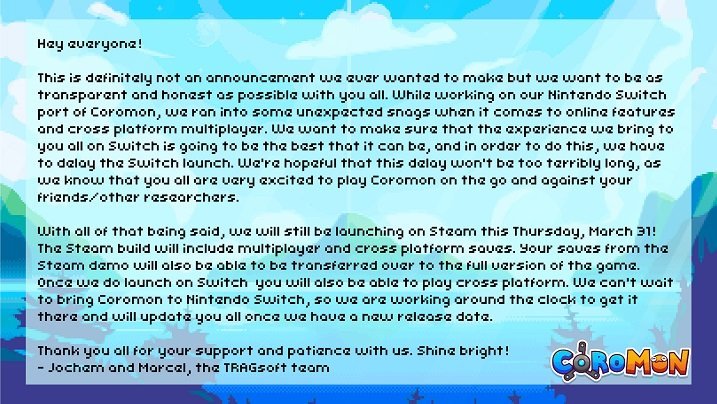 Coromon Tragsoft Announcement delay in game release