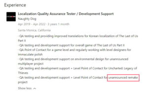 Naughty Dog tester lists “unannounced remake project” on LinkedIn