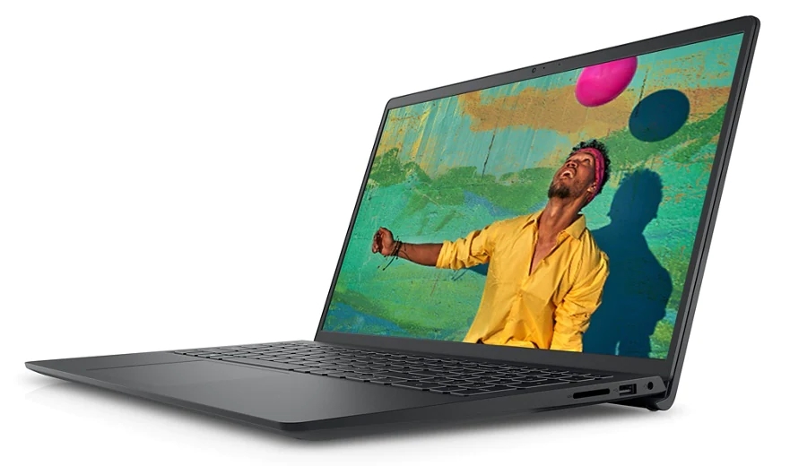 an inspiron 15 3000 laptop facing from right