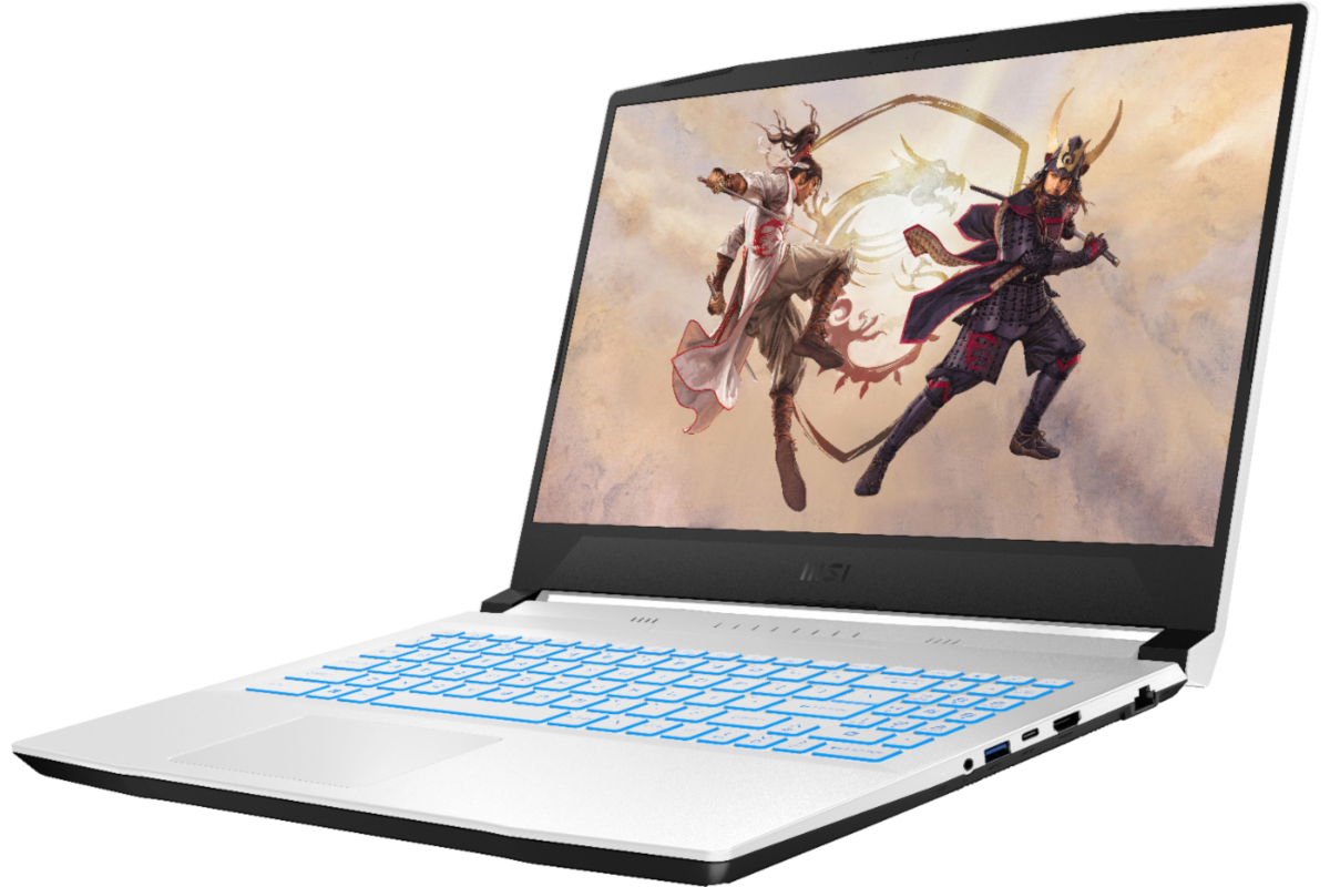 a silver laptop with keys that have a blue outline and a martial arts fighting scene on the wallpaper
