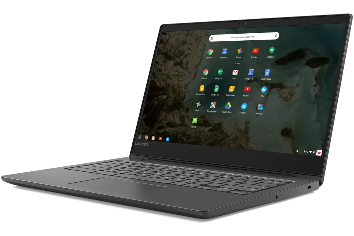 a black laptop facing from right with the Chrome OS app grid on the screen