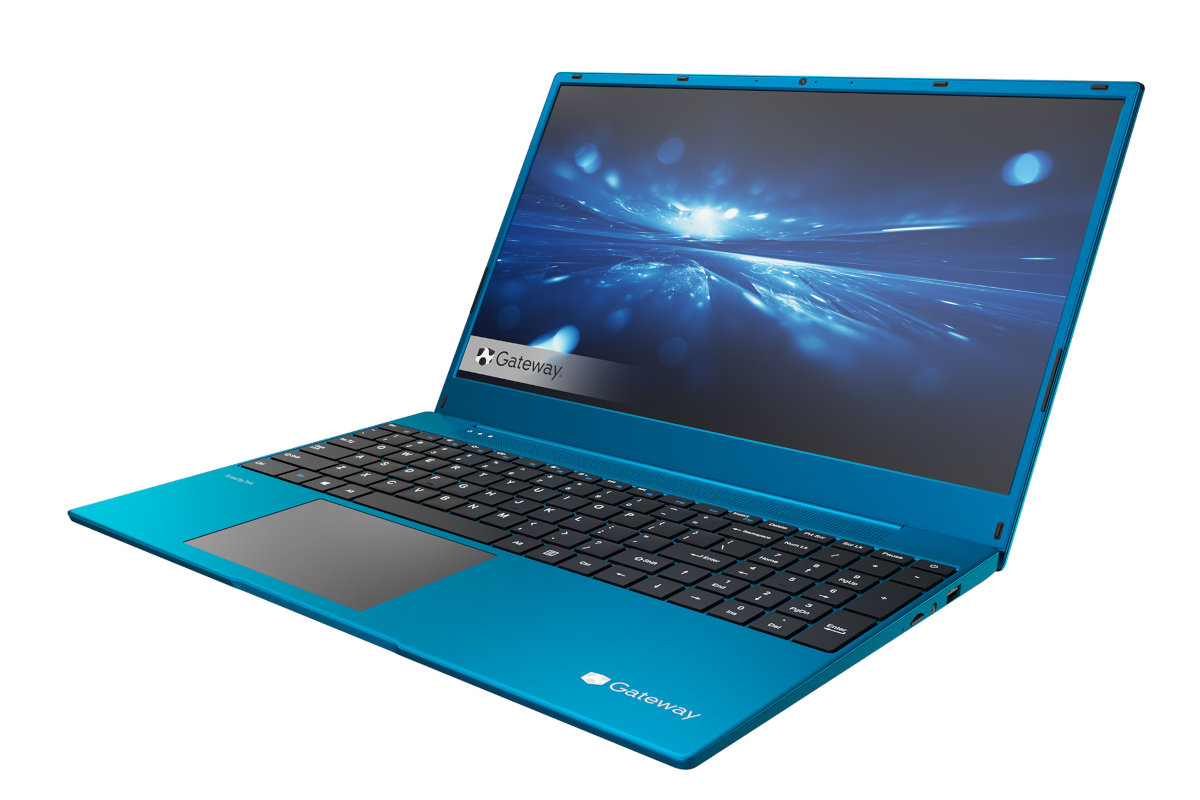 A bright blue Gateway laptop facing from right.