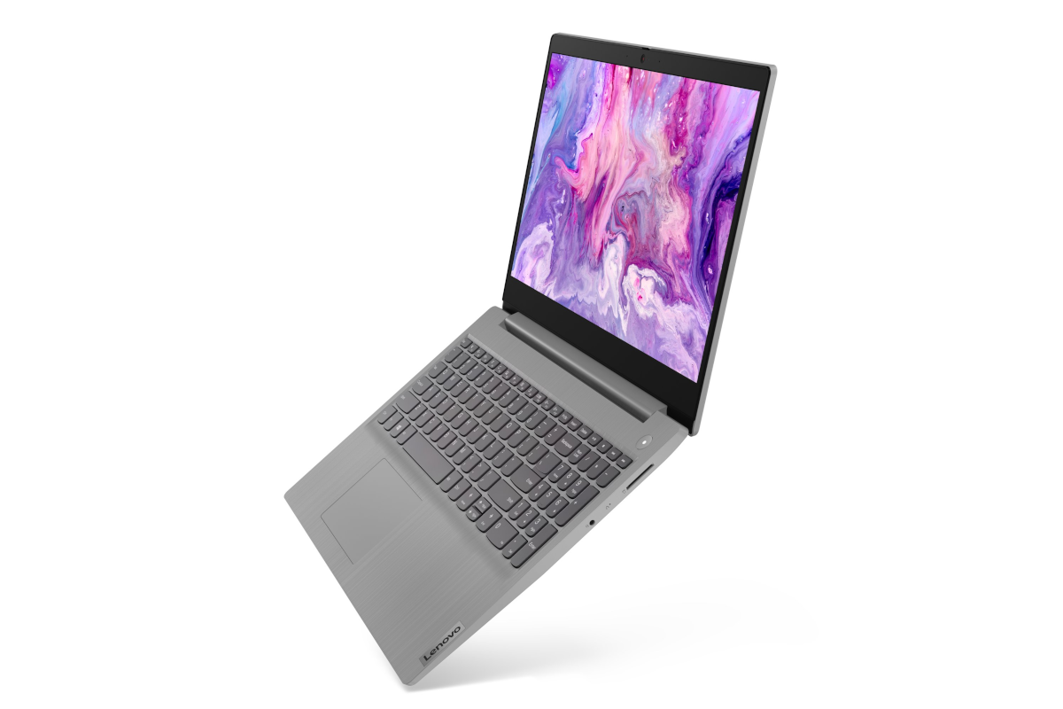 A gray Lenovo laptop facing from right.
