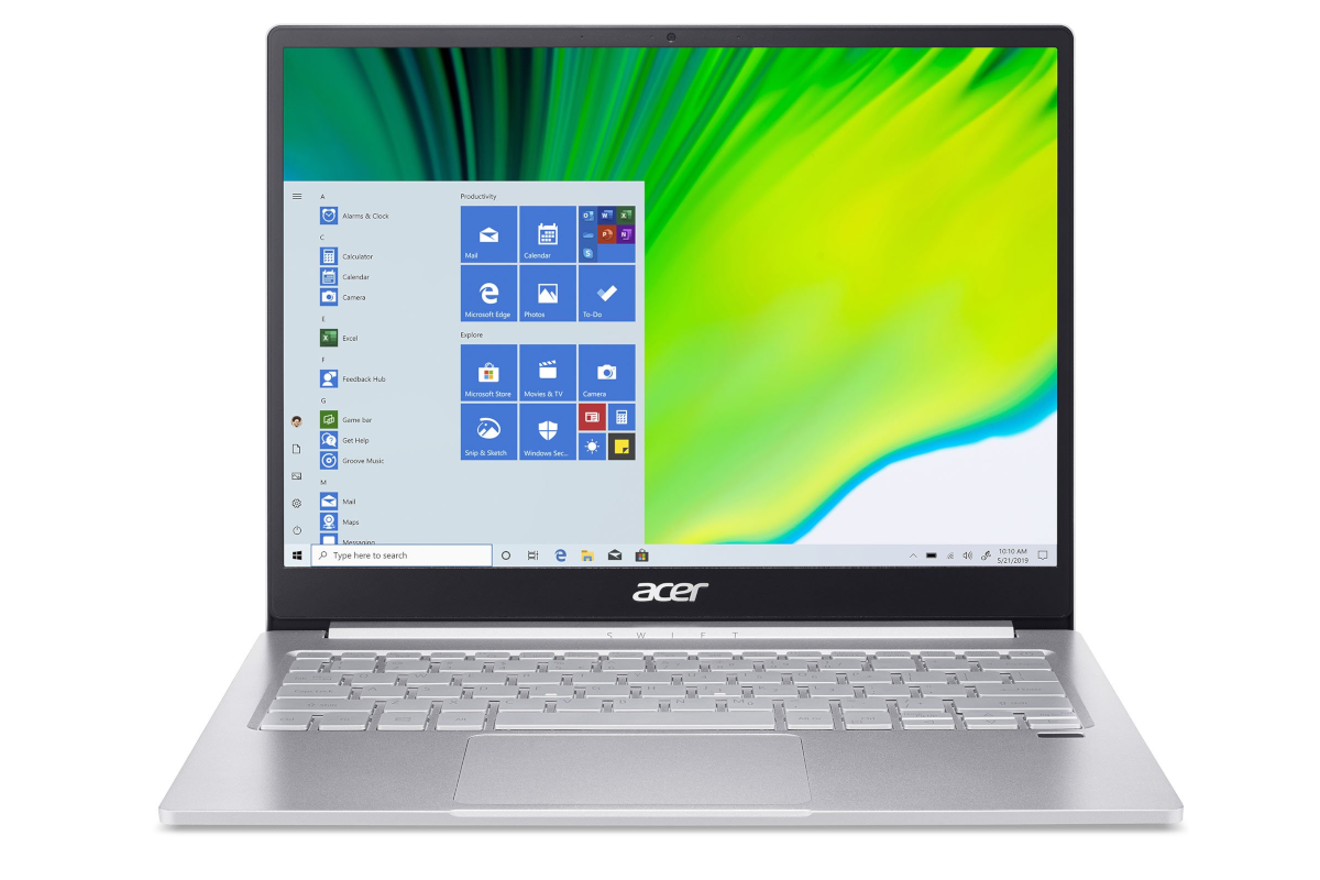 An Acer Swift 3 with a silver chassis and Windows 11 on the screen.