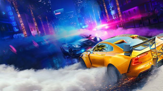 Need for Speed Heat artwork with a yellow sports car facing off against a Corvette police car at night on rainy streets