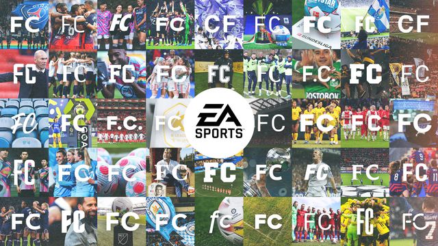 a collage of 45 tiles each featuring the letters “FC” with an EA Sports logo in the center, for EA Sports FC