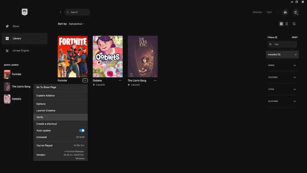 the verify option for games in epic games launcher