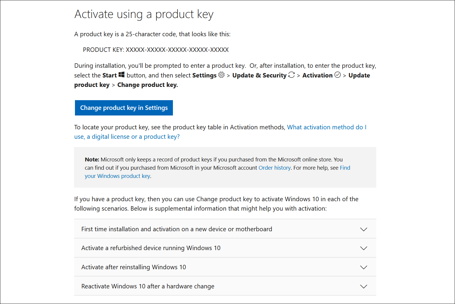 Screenshot from Microsoft's Windows activation support page