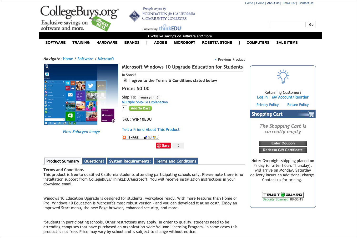 CollegeBuys.org screenshot of Windows 10 Education license