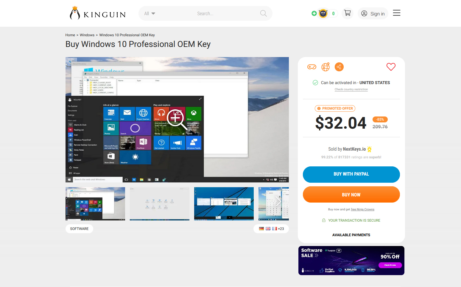 Kinguin Windows 10 Pro key product page