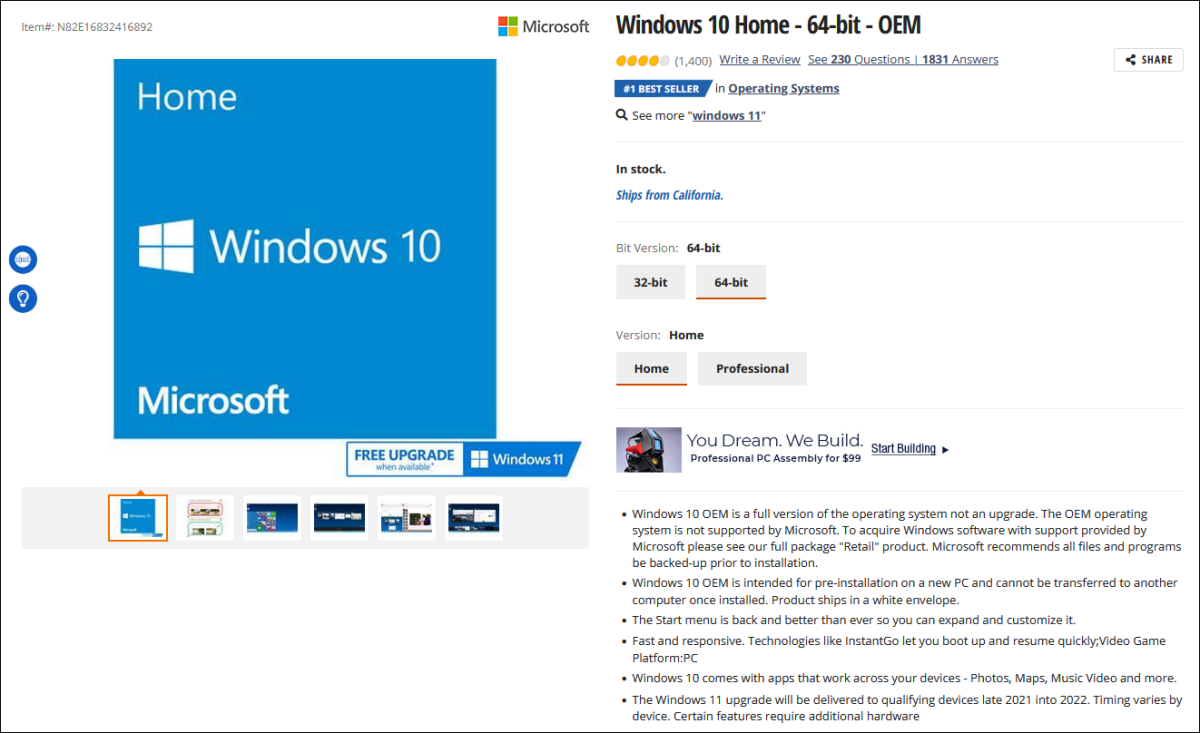 Windows 10 Home 64-bit OEM listing on Newegg
