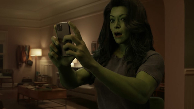 She-Hulk gasps while looking at her phone