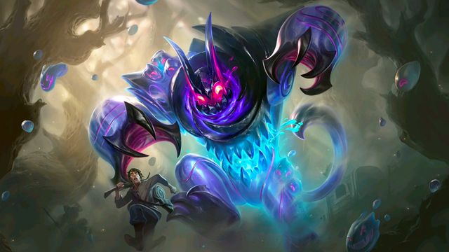 Artwork of the purple monster Gloo, from Mobile Legends: Bang Bang, chasing a human character