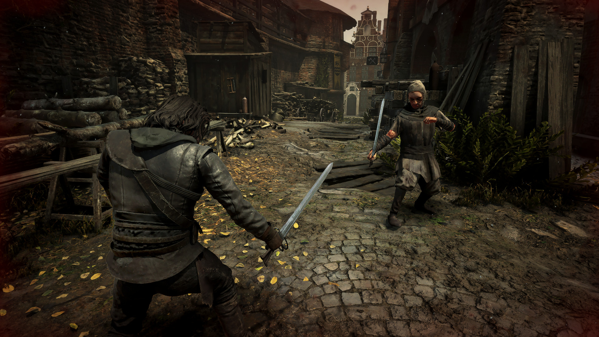 Inquisitor squares off with opponent on cobblestone streets, sword raised