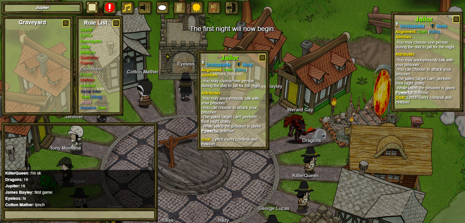 Best Browser Games: Town of Salem - people in a town square with a ring of houses