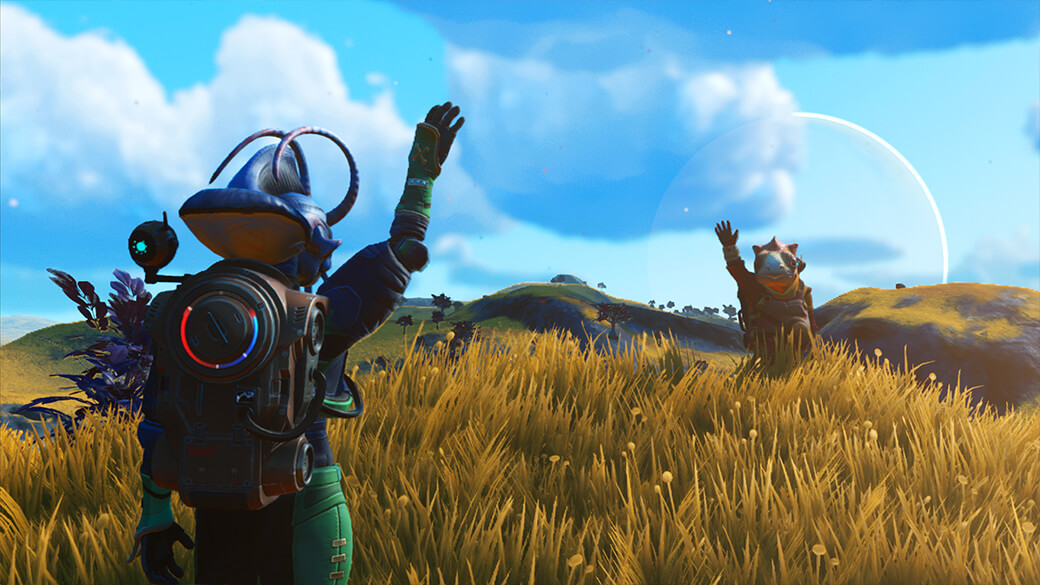 No Man's Sky co-op - One player waves to another on the surface of a grassy planet with hills.