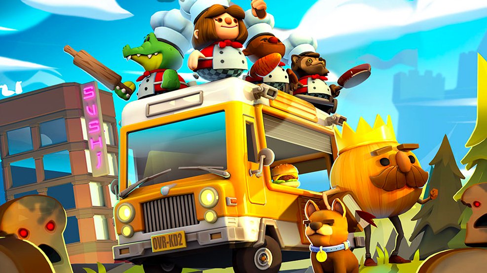 Best co-op games - Overcooked 2 concept art of four chefs standing on top of a food truck holding rolling pins, frying pans, and wearing chef hats