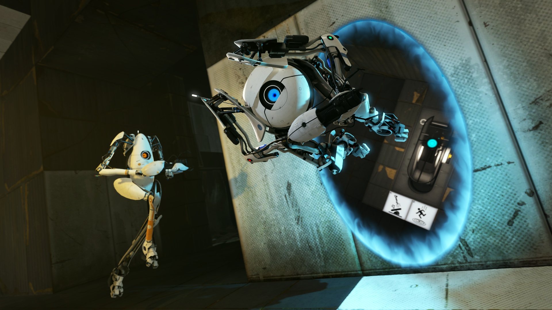 Best co-op games - Portal 2 - One player robot dives through a blue portal while the other leaps behind them