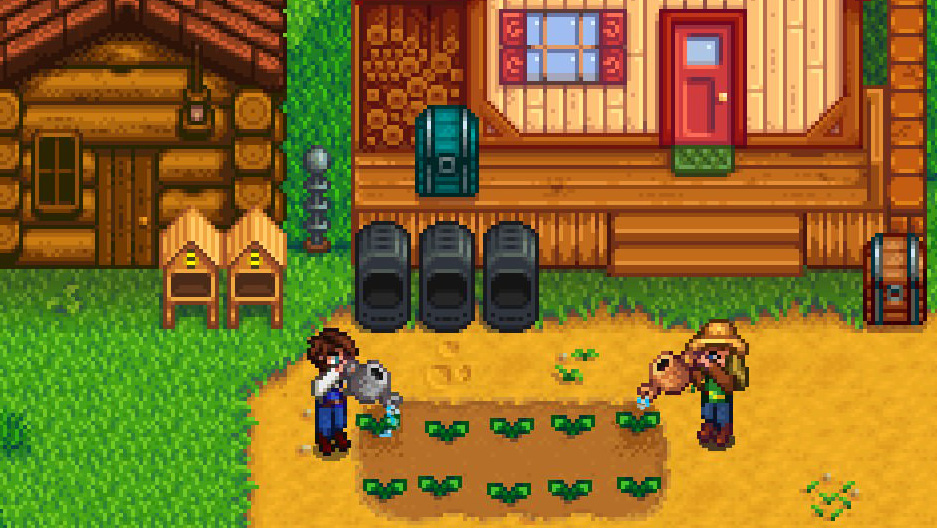 Best co-op games - Stardew Valley - Two carmers water crops together beside the farm house.